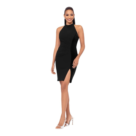 Betsy & Adam Dresses & Skirts - BETSY & ADAM Mariana Short Halter Crepe & Velvet Slit Cocktail Dress Black 6